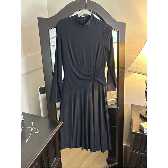 NEW Blue Maggy London Mock Neck Midi Dress Asymmetrical Hem 8 - Picture 1 of 6